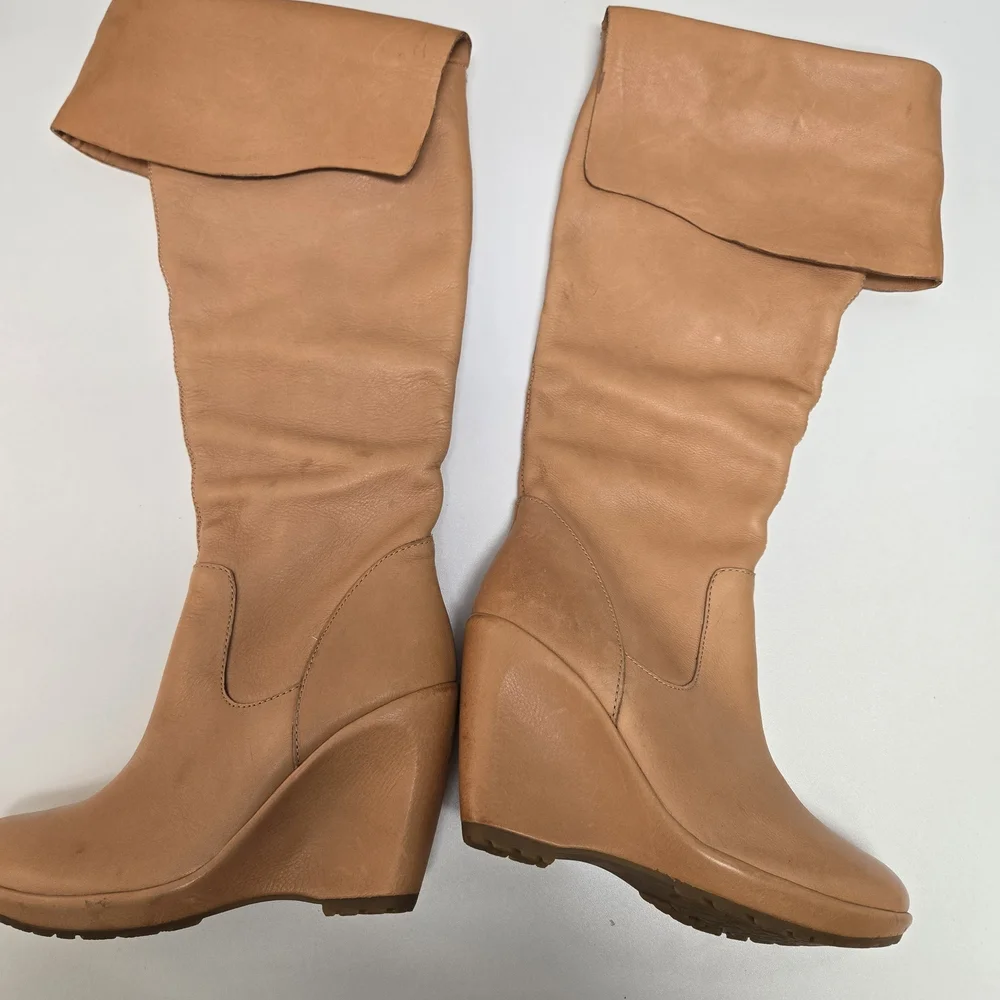 Tan Wedge Knee-High Leather  Boots